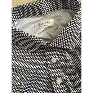 Collars & Co Mens M Relaxed Fit Polo Shirt Black Geometric Print Short Sleeve